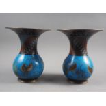 A pair of early 20th century Japanese cloisonne vases with large everted rims, 10 1/2" high