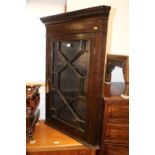 An oak corner hanging cabinet enclosed astragal glazed door, 28" wide x 16" deep x 41" high