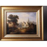 English School: oil on canvas, church scene with figure and houses, 12 1/2" x 16 1/2", in gilt strip