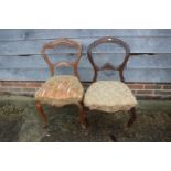 Two Victorian carved walnut loop back dining chairs with stuffed over seats, on cabriole supports,