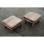 A pair of hardwood and studded square-shaped lamp tables, on turned and metal strutted supports,