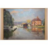 Reginald Smith: oil on board, "The Acteif at Shiplake Lock", 11" x 14 1/2", in white painted
