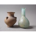 A Roman glass bottle vase, 5" high, and an Ancient Greek? pottery bulbous vase, 4" high