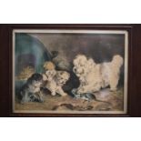 A pair of prints, interior scenes with dogs, in wooden strip frames, a watercolour of a cow in a