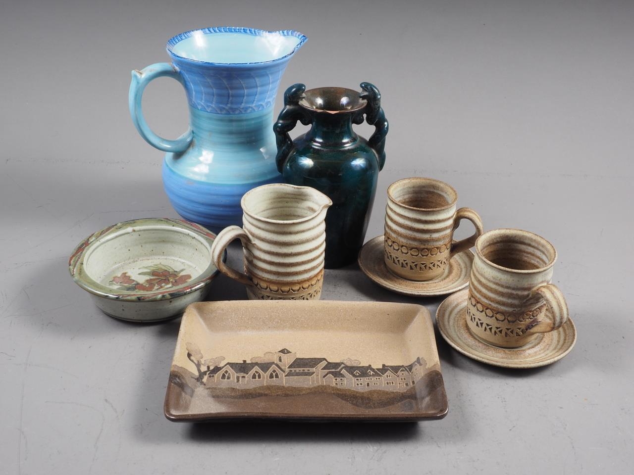 A Shelley two-tone blue glazed water jug, 7 1/4" high, a studio pottery part coffee set and other