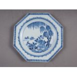 A Chinese blue and white octagonal plate with central landscape decoration and acanthus leaf and