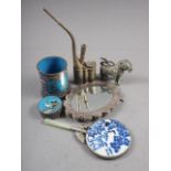 A Chinese white metal mounted hand-mirror with jade handle and blue and white reverse panel,