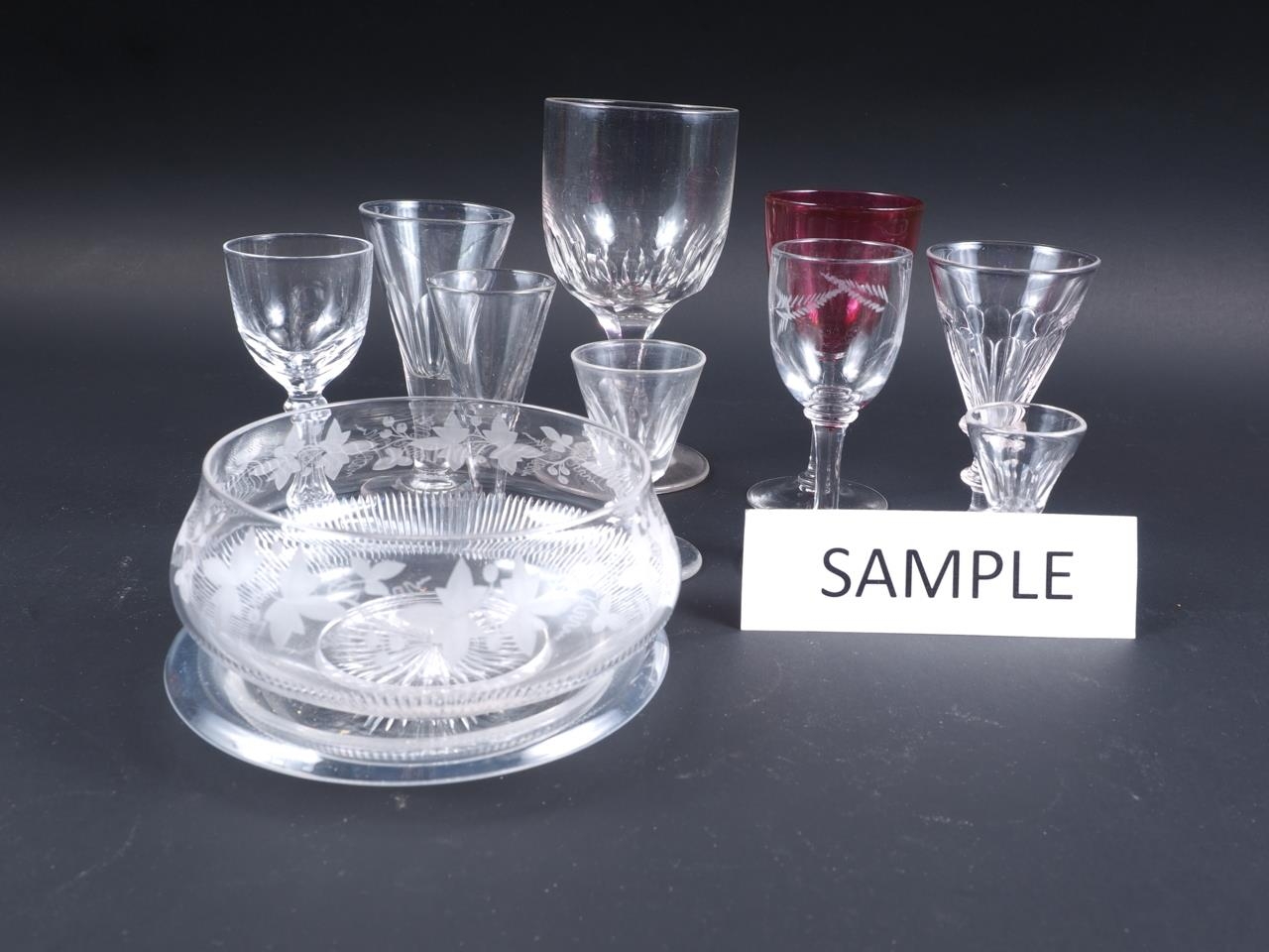 A selection of 19th century and later drinking glasses and three engraved glass bowls - Image 2 of 4