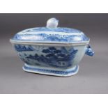 A Chinese blue and white tureen and cover with figure, boat and landscape decoration, and insect and