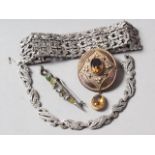 Two silver and marcasite bracelets, a Scottish silver, hardstone and citrine dirk brooch, and a