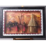 A pair of Zimbabwean diorama pictures with three ebonised figures and a hut, 18" x 26" overall
