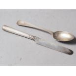 A silver part christening set with engine turned decoration, comprising spoon and knife