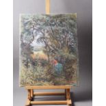 H Hennes: oil on canvas, woman in a woodland, and two further oil on canvas studies, field with