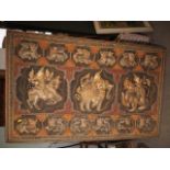 A Thai relief embroidered and sequined (stumpwork) panel, figures on mythical  beasts, 23" x 51"