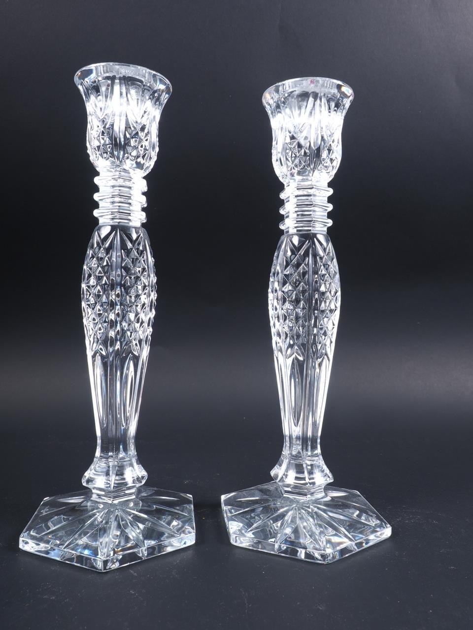 A pair of Waterford pillar candlesticks, 10" high