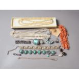 An Art Deco style white metal and paste bracelet, and a selection of costume jewellery, various