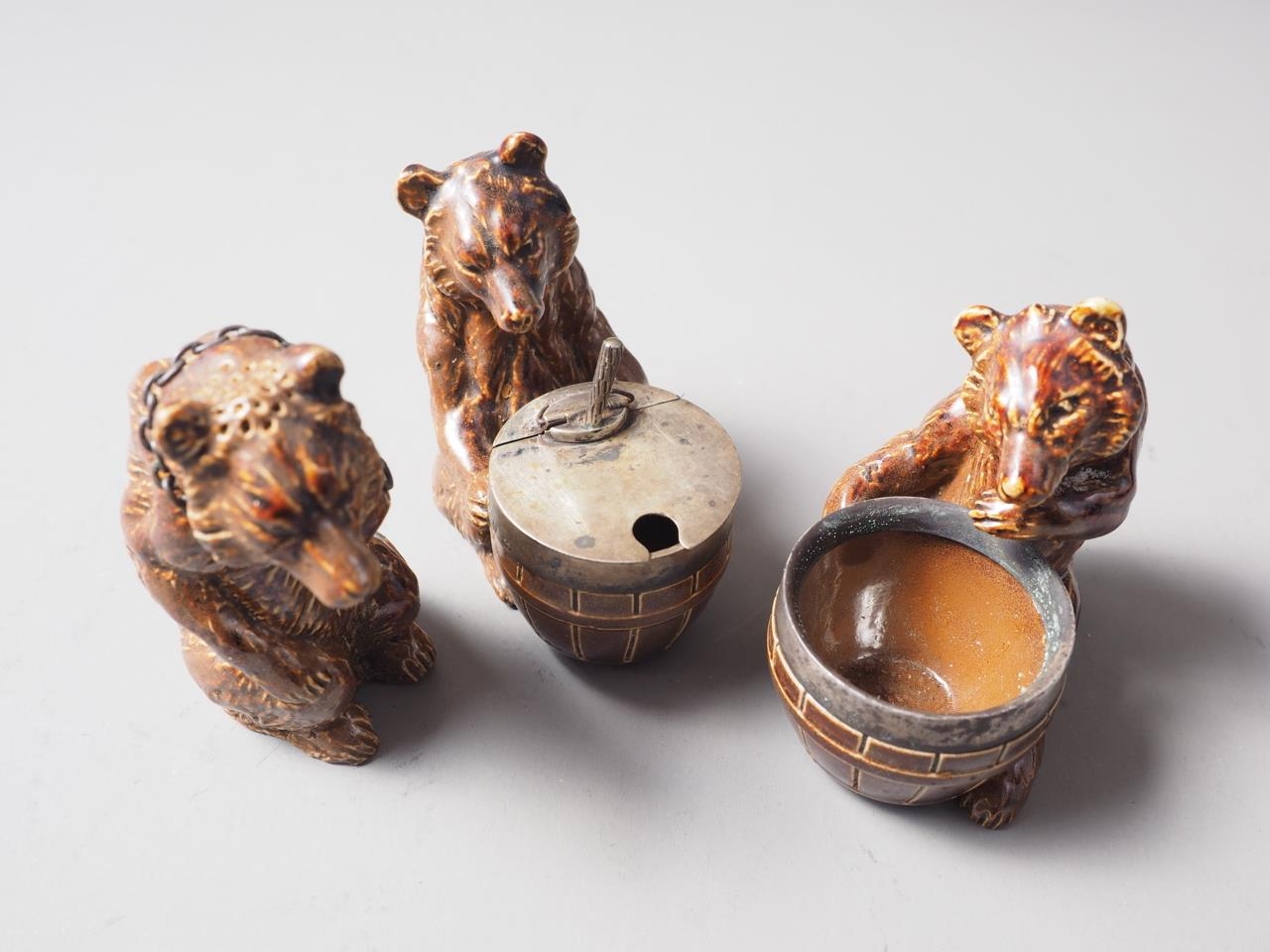 A Doulton Lambeth stoneware silver mounted three-piece cruet set, formed as bears, comprising - Image 4 of 5