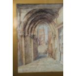 Herbert Finn: watercolour, the arch at St Bartholomew the Great, 13 1/2" x 9 3/4", in gilt strip