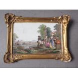 A Continental porcelain plaque, formed as a painting with figures in a landscape decoration, in gilt