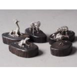 Five Patrick Mavros white metal model animals, on shaped hardwood bases, including a hippopotamus
