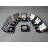 Six Royal Mint Silver Proof One Pound Coins, a 1990 Silver Piedfort five pence coin, a limited