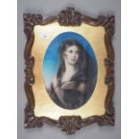 A pair of 19th century pole screens, panels with pastel portraits after 18th century masters, on