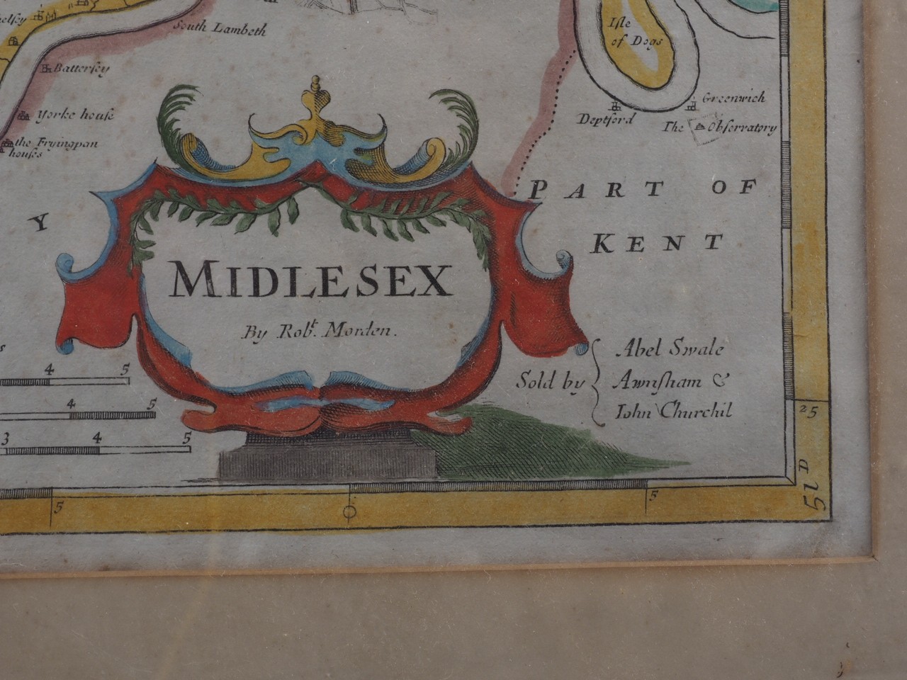 An 18th century hand-coloured map, Robert Morden's Middlesex, in ebonised frame - Image 2 of 2