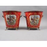 A pair of gilt metal mounted oval planters of Louis XVI design with bird decorated panels, 7 1/2"