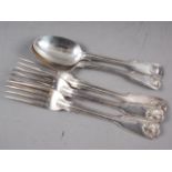 Three Georgian silver fiddle, thread and shell pattern table forks, 9.6oz troy approx, and two