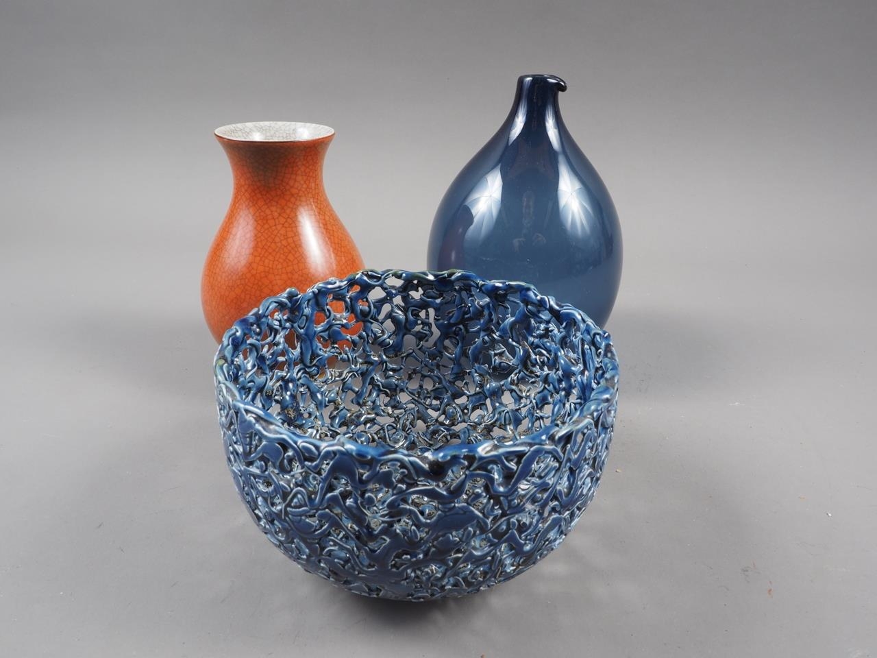 A Royal Copenhagen orange crackle glazed vase, 5 1/4" high, a Herend pin dish, a signed Iittala blue - Image 2 of 6