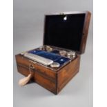 A Victorian rosewood, abalone and silver plated gentleman's travelling dressing table box, 11 3/4"