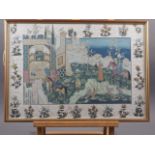 A Moghul style bodycolour landscape with figures and horses, 14" x 19 1/2", in strip frame