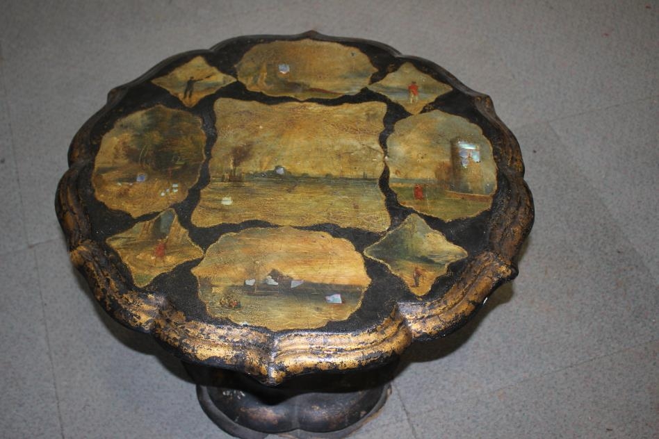 A 19th century papier-mache mother-of-pearl inlaid shaped tilt top occasional table with landscape - Image 2 of 4