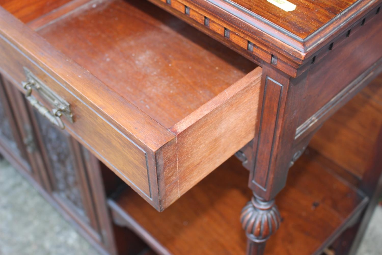 An Edwardian walnut dresser, the upper section fitted three mirror panels and glazed cupboard, - Image 3 of 3