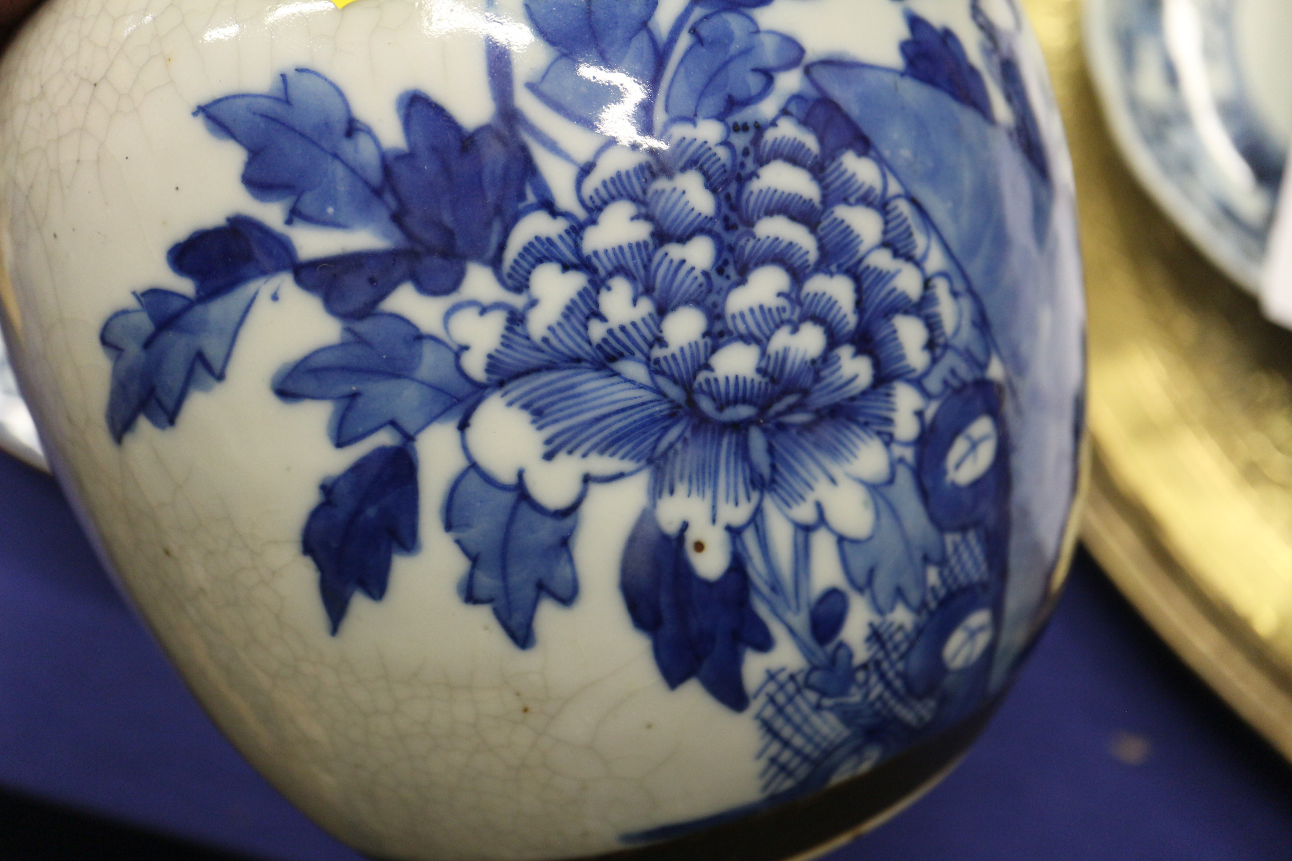 A Chinese blue and white crackle glazed ginger jar with floral decoration, and associated carved - Image 12 of 16