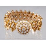 A 15ct gold, pearl and diamond set expanding bracelet, 21g