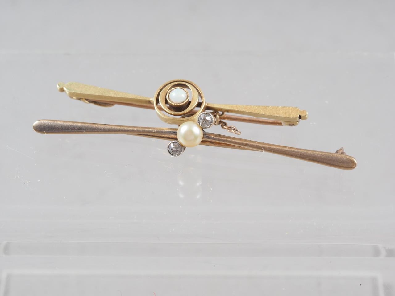 A yellow metal, diamond and pearl bar brooch, and a yellow metal and opal bar brooch, 5.4g