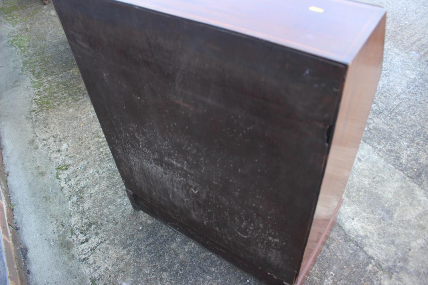 An Edwardian mahogany and satinwood banded fall front bureau with fitted interior over three long - Image 4 of 4