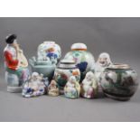 Four Chinese ginger jars with polychrome decoration, tallest 8" high, five Buddha figures, a celadon