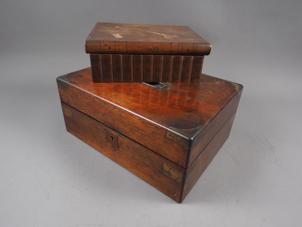 A 19th century rosewood workbox with part fitted interior, 12" wide, and an olive wood and inlaid