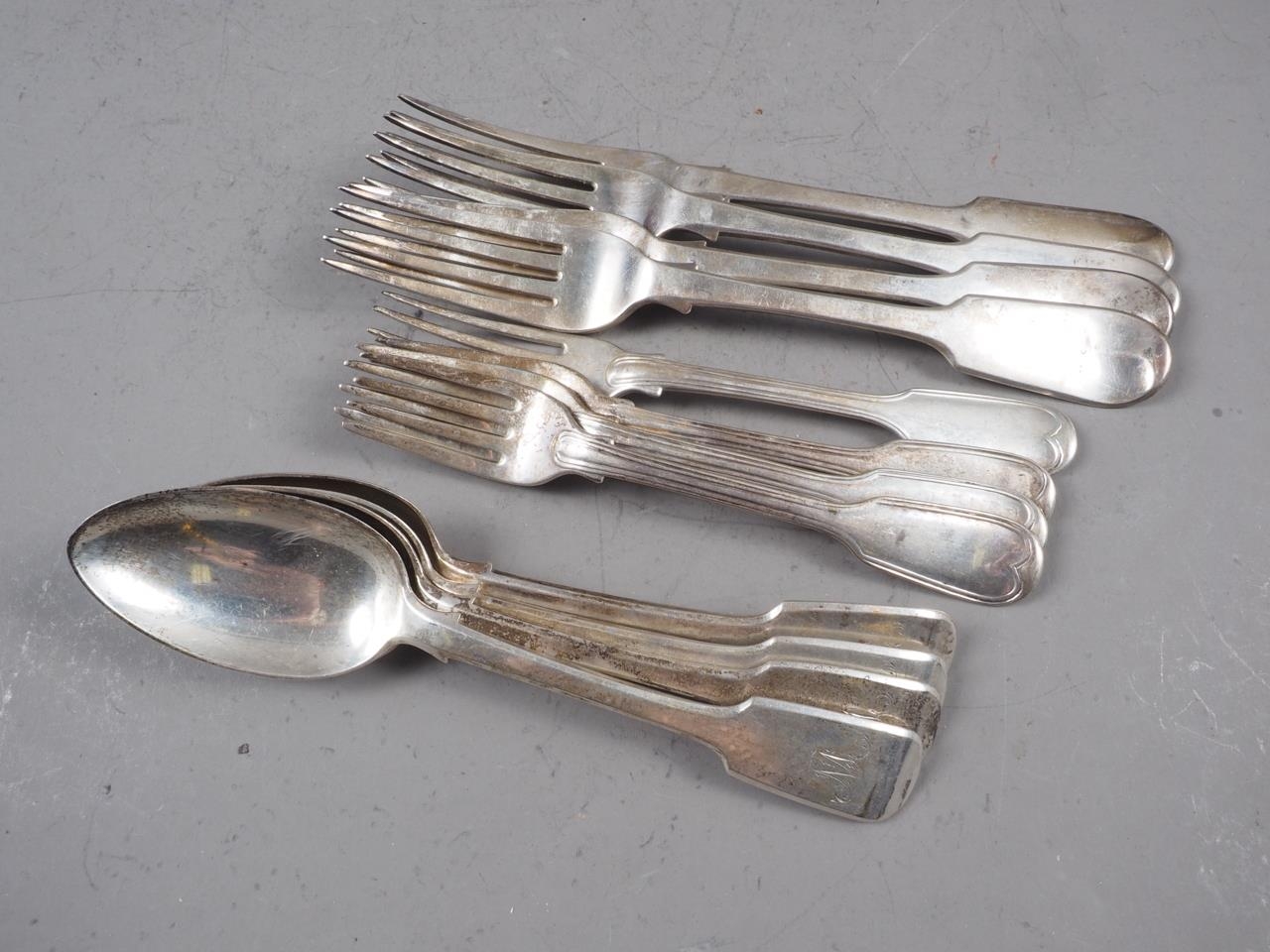 Four Victorian silver fiddle pattern dessert spoons, 4.6oz troy approx, four Victorian silver fiddle