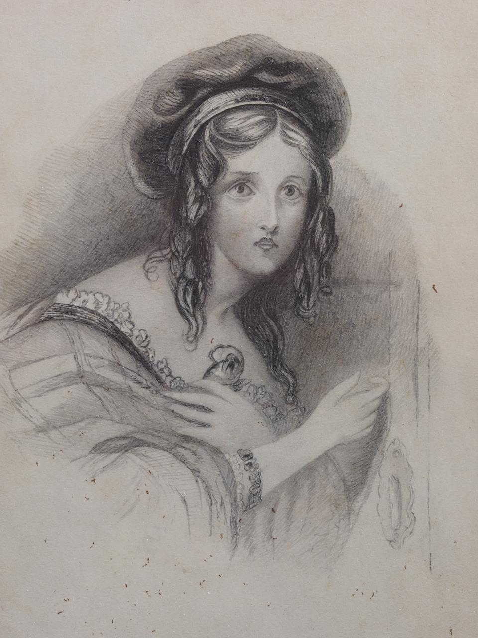 English School: a pencil sketch, portrait bust of an 1830s unknown woman, in gilt frame