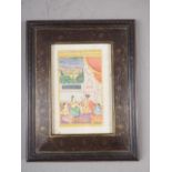 Indian School: watercolours, interior scene with figures, 8" x 5 1/2", in painted wooden strip frame