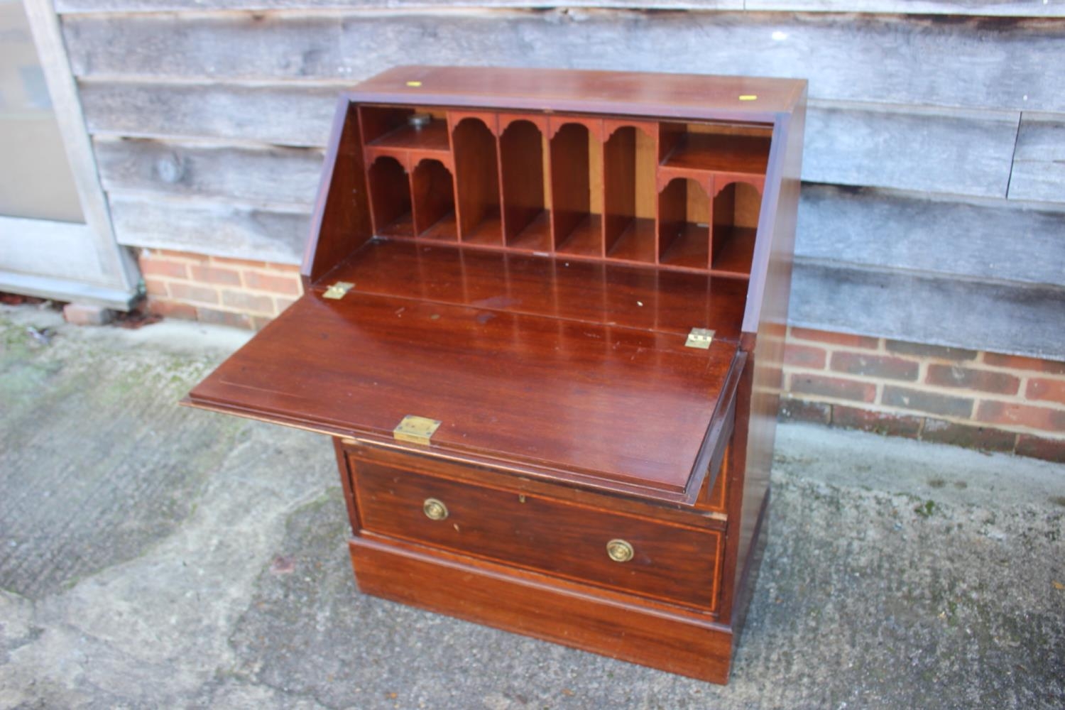 An Edwardian mahogany and satinwood banded fall front bureau with fitted interior over three long - Image 2 of 4