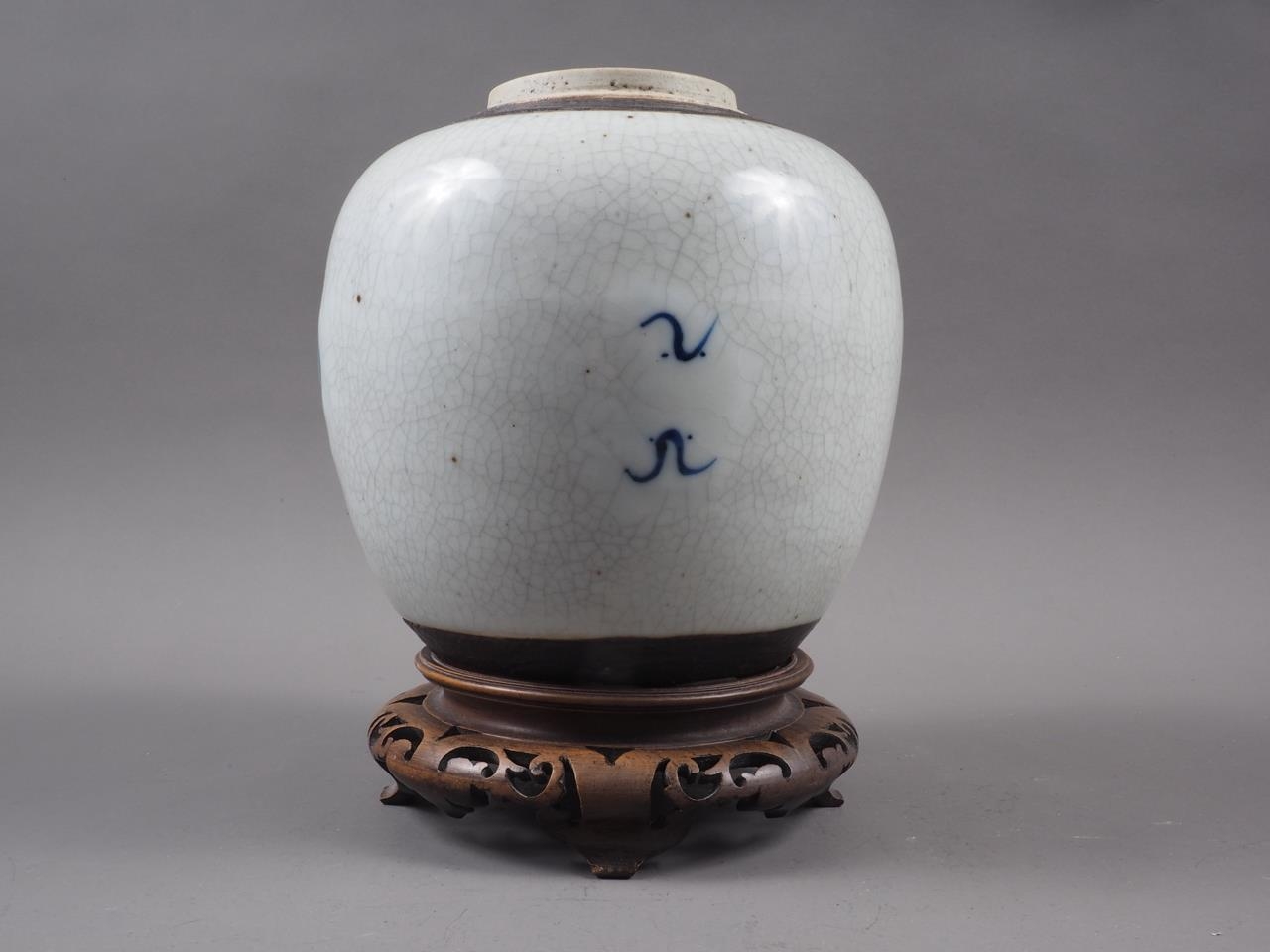 A Chinese blue and white crackle glazed ginger jar with floral decoration, and associated carved - Image 2 of 16