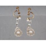 A pair of yellow metal, seed pearl and diamond drop earrings