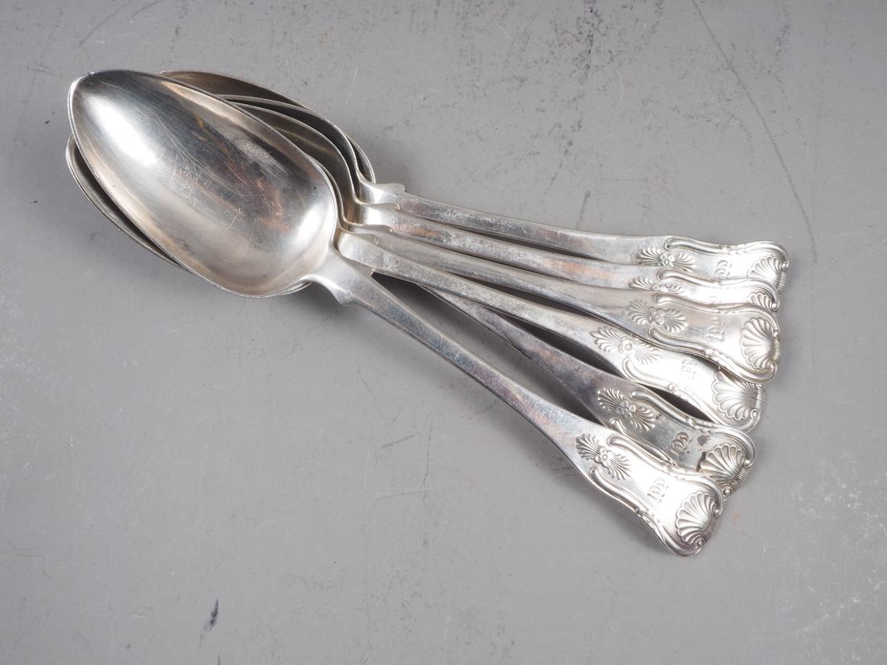 Six Glasgow Georgian silver shell pattern tablespoons, various makers, 14oz troy approx