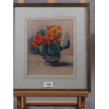 L Lax: watercolours, still life with flowers in a pewter jug, 9 1/4" x 7 1/2", in gilt strip