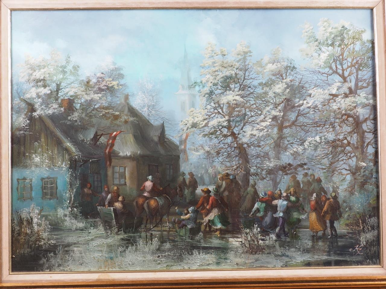 Dutch School: oil on board, Dutch town scene with figures and horses, 19" x 27", in gilt strip frame