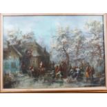 Dutch School: oil on board, Dutch town scene with figures and horses, 19" x 27", in gilt strip frame